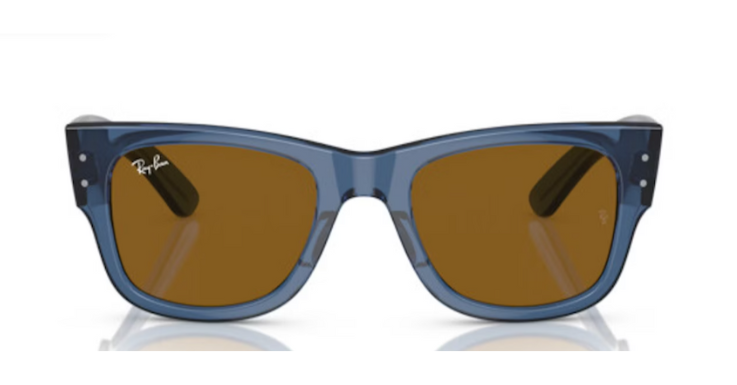 Wayfarer-Modell von Ray-Ban mit blauem Rahmen und braunen Gläsern 