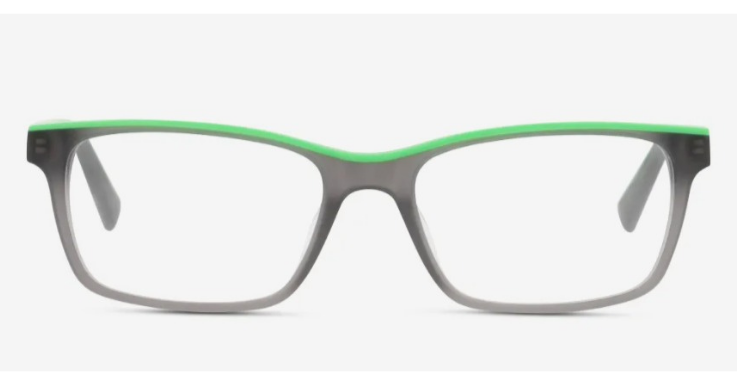 Das neutrale Grau wird durch einen grasgrünen oberen Rahmen aufgepeppt. Brillenfassung von Miki Ninn 